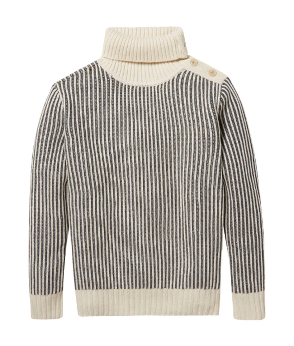 The Luxe Cashmere Blend Two-Tone Button Neck Sweater - Dune & Charcoal