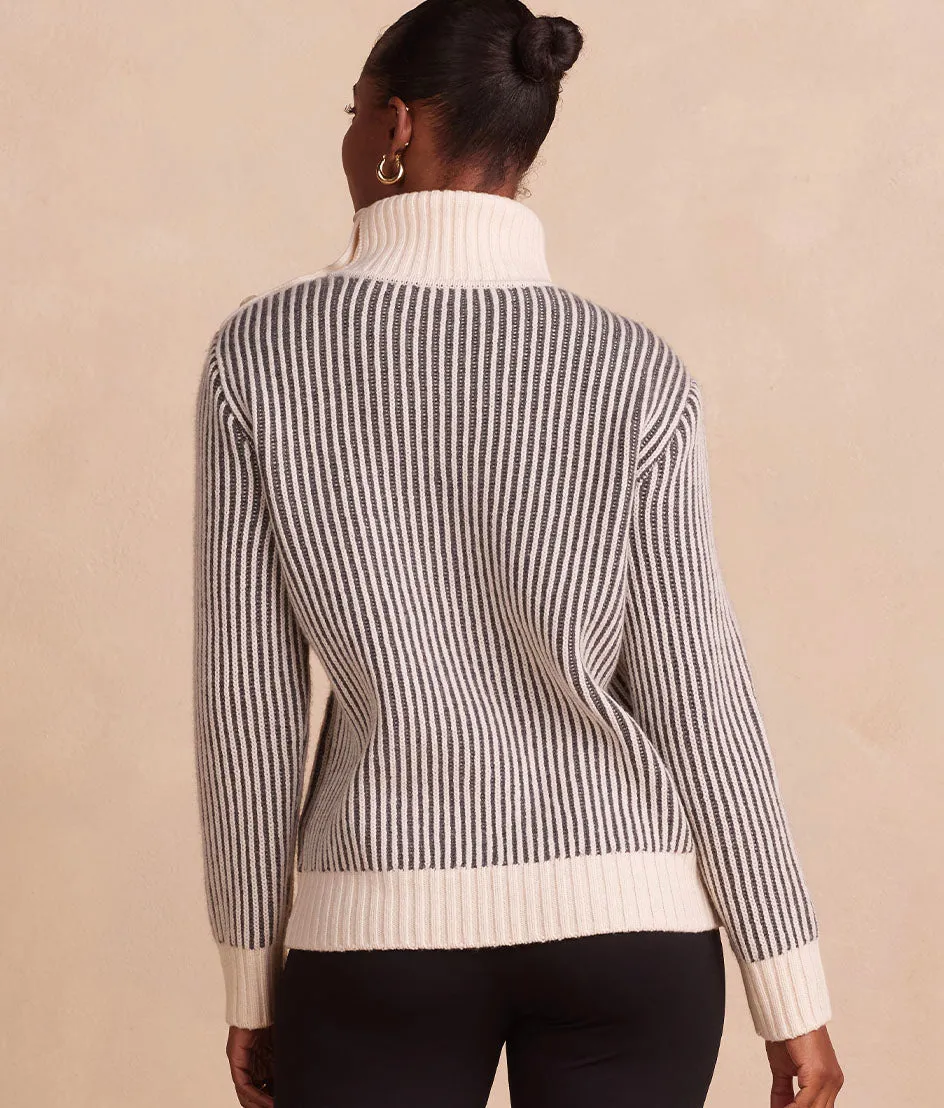 The Luxe Cashmere Blend Two-Tone Button Neck Sweater - Dune & Charcoal