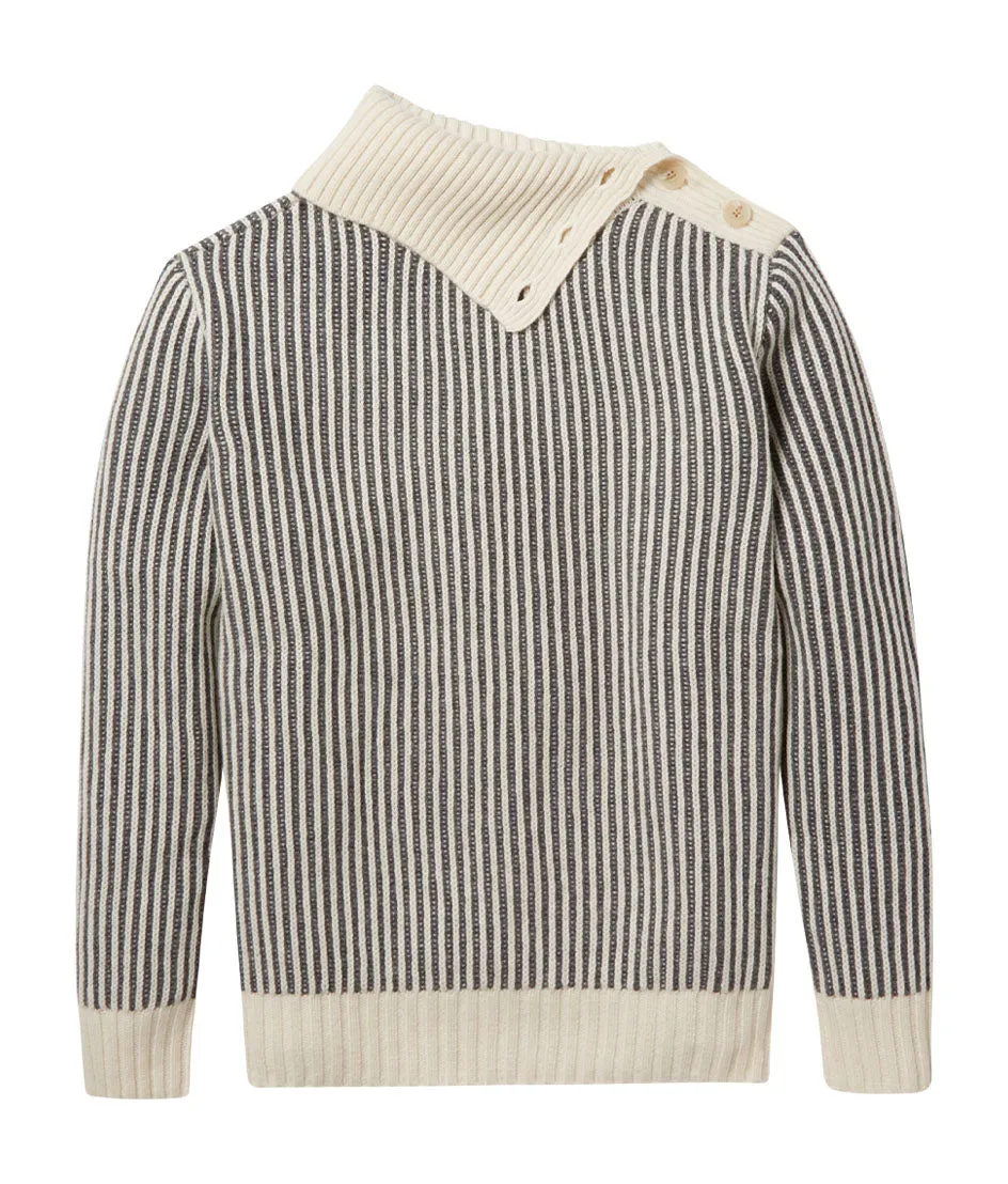 The Luxe Cashmere Blend Two-Tone Button Neck Sweater - Dune & Charcoal
