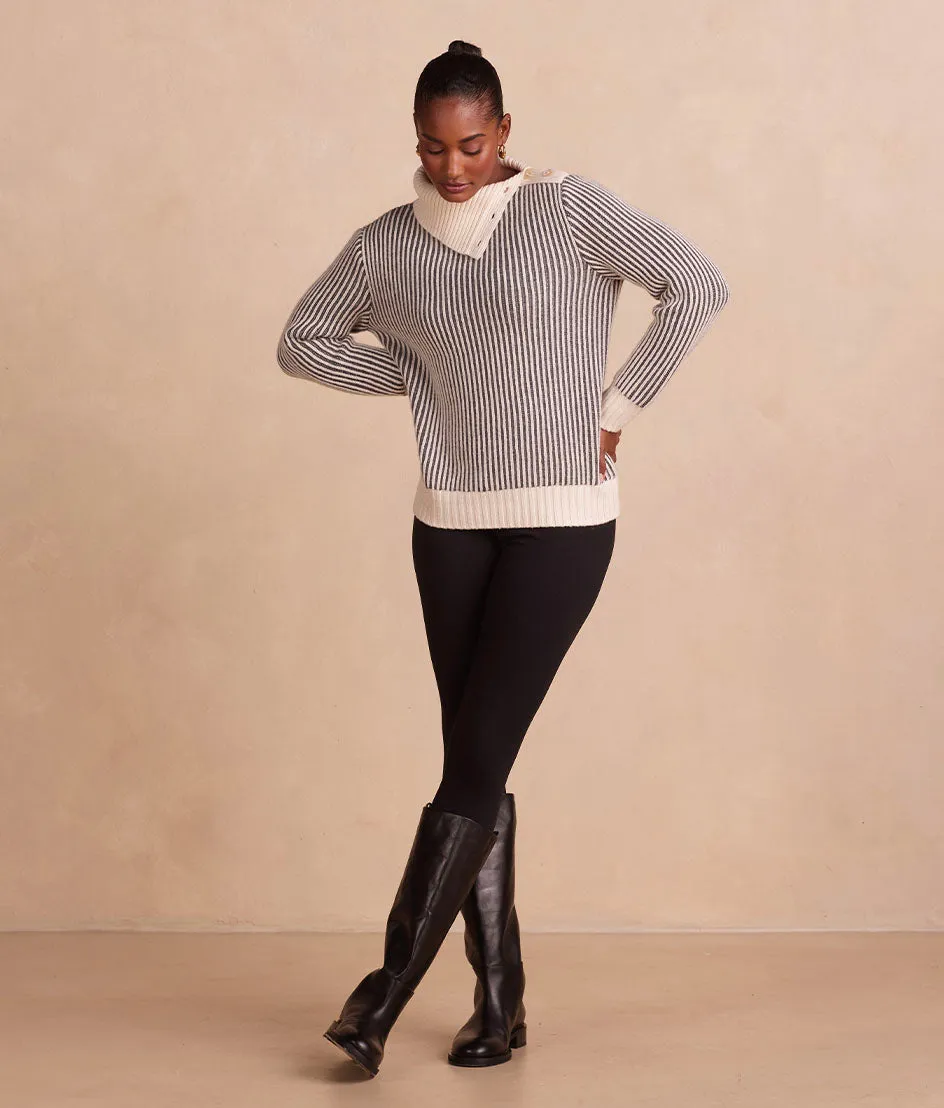 The Luxe Cashmere Blend Two-Tone Button Neck Sweater - Dune & Charcoal