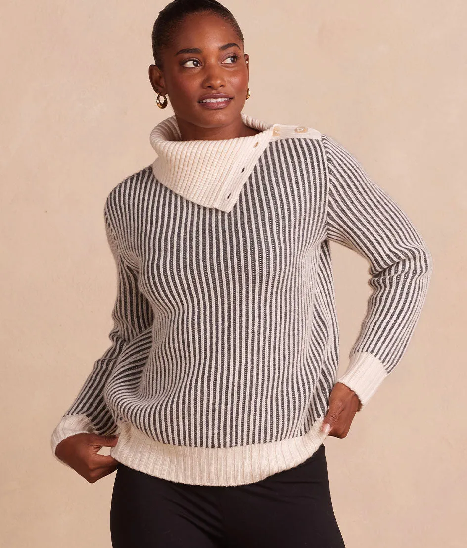 The Luxe Cashmere Blend Two-Tone Button Neck Sweater - Dune & Charcoal