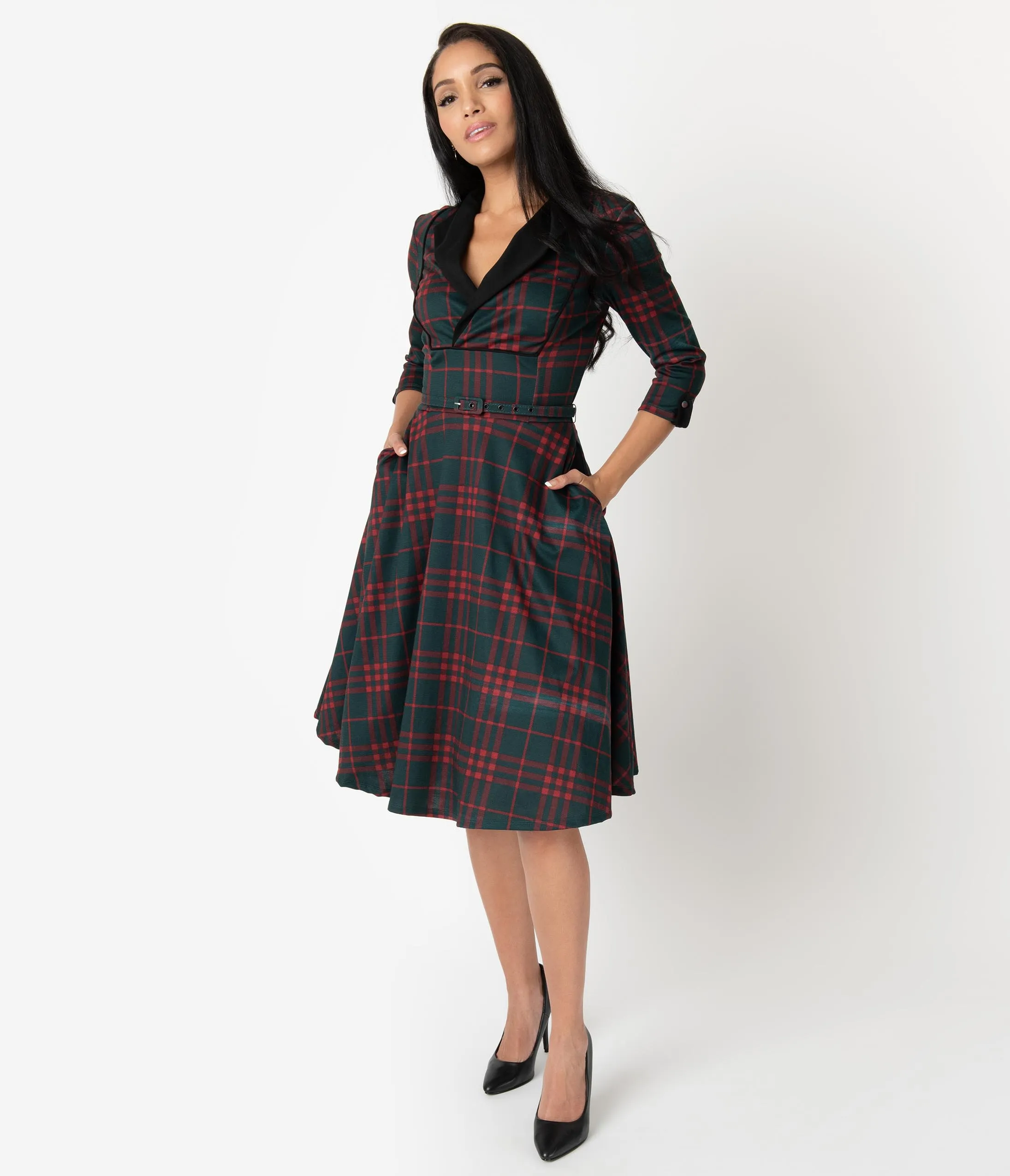 Unique Vintage 1950s Emerald Green & Red Plaid Trudy Swing Dress