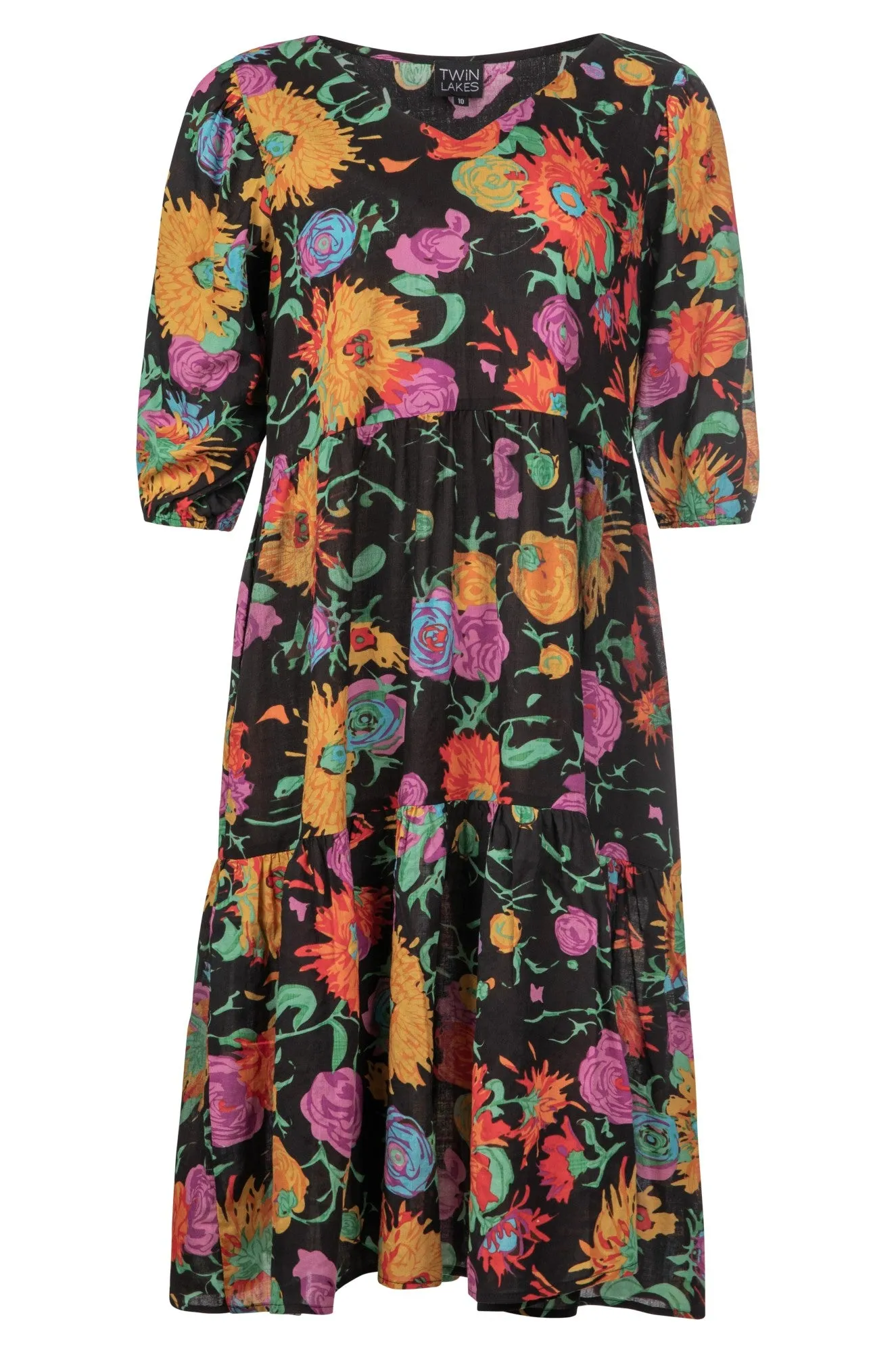 V neck Dress with side pockets | Black Multi Flowers | 6533A1