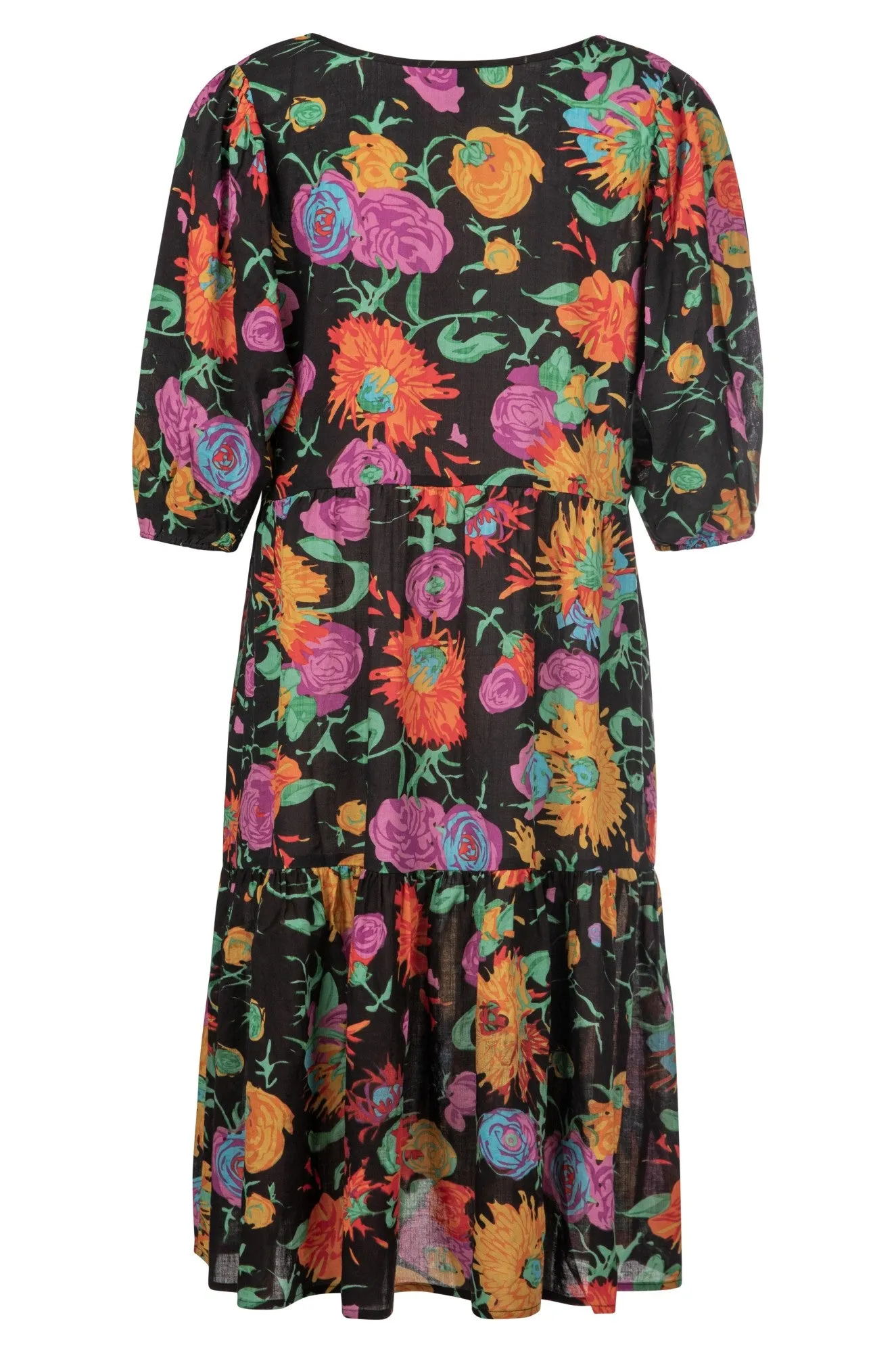 V neck Dress with side pockets | Black Multi Flowers | 6533A1