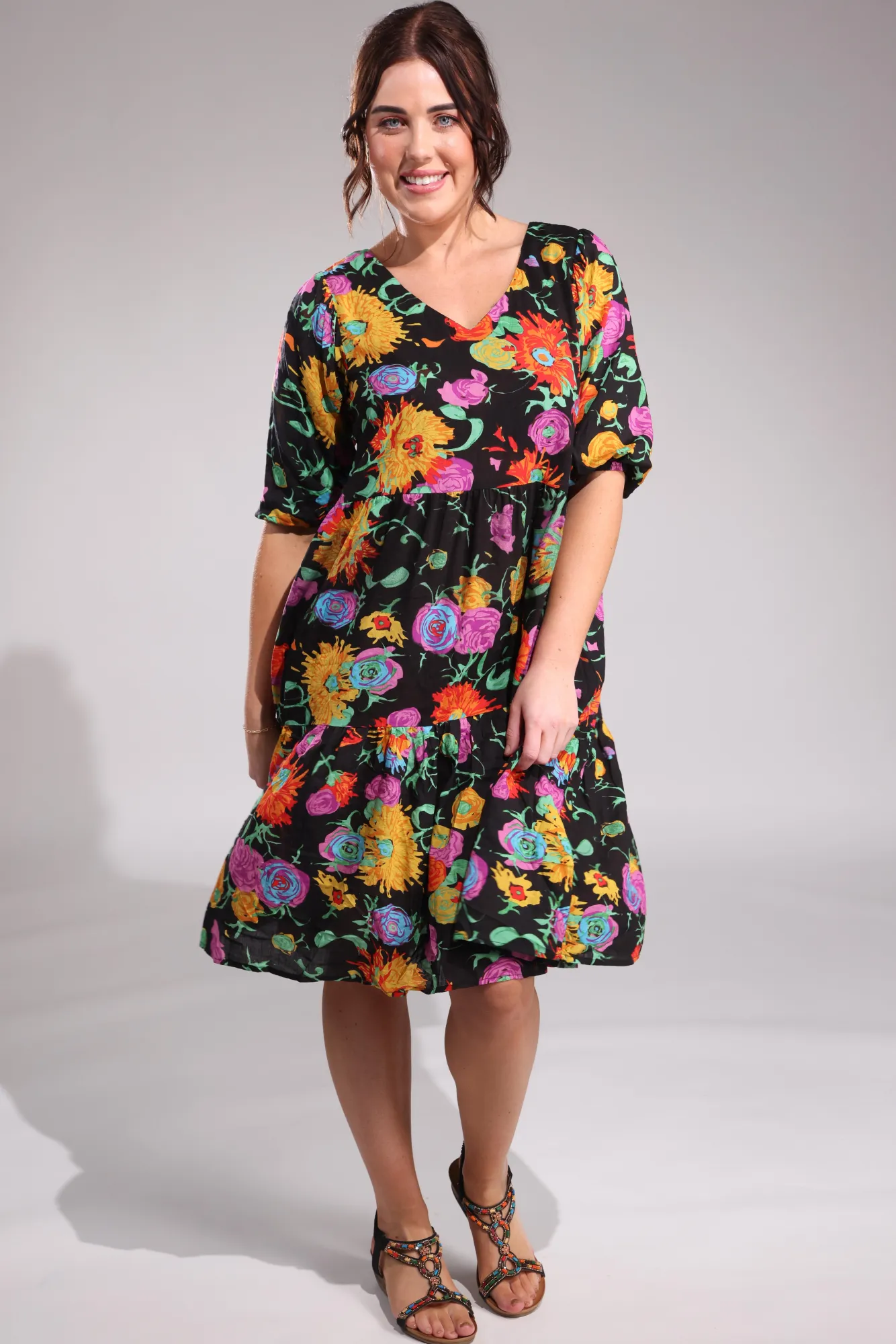 V neck Dress with side pockets | Black Multi Flowers | 6533A1