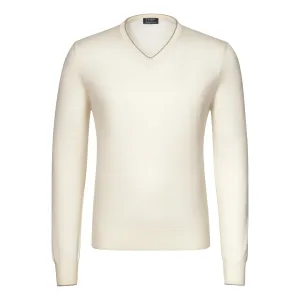 V-Neck Virgin Wool Pullover in Warm White
