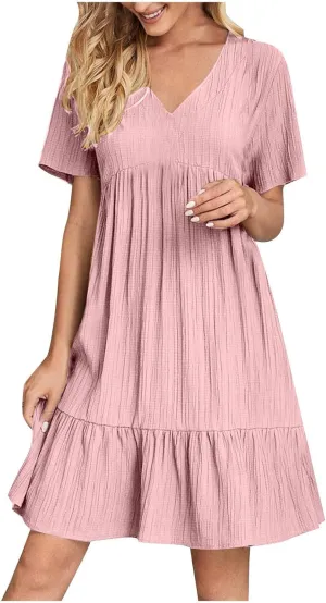 Vacation Dresses for Women 2025 Summer Loose Fit V Neck Short Sleeve Mini Dress Flowy Pleated Ruffle Hem Dress
