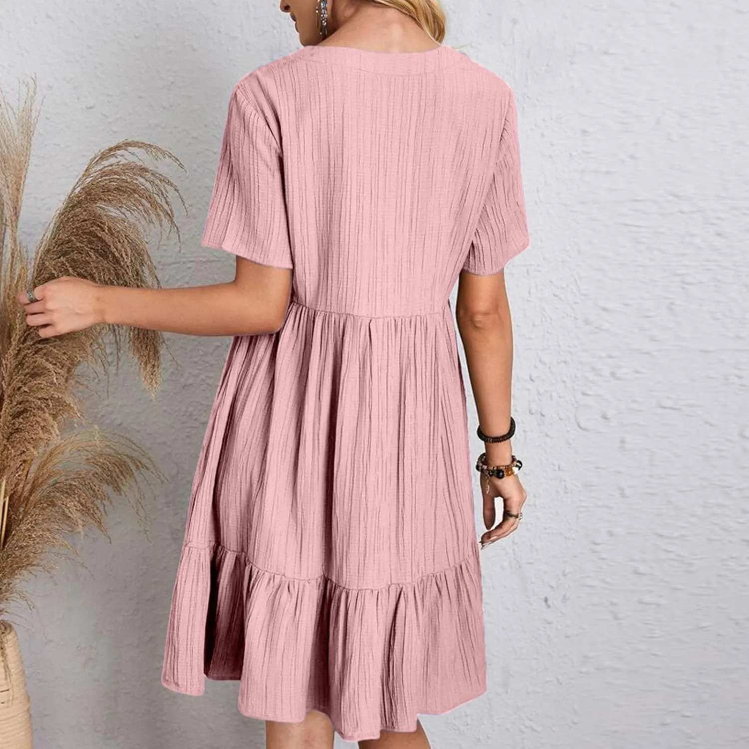 Vacation Dresses for Women 2025 Summer Loose Fit V Neck Short Sleeve Mini Dress Flowy Pleated Ruffle Hem Dress