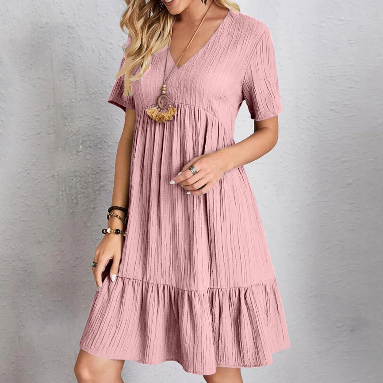 Vacation Dresses for Women 2025 Summer Loose Fit V Neck Short Sleeve Mini Dress Flowy Pleated Ruffle Hem Dress