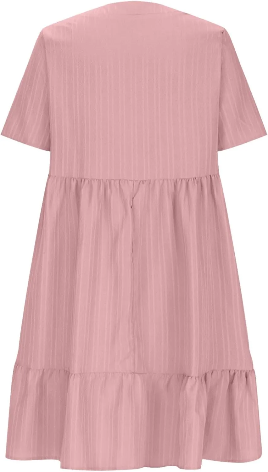 Vacation Dresses for Women 2025 Summer Loose Fit V Neck Short Sleeve Mini Dress Flowy Pleated Ruffle Hem Dress