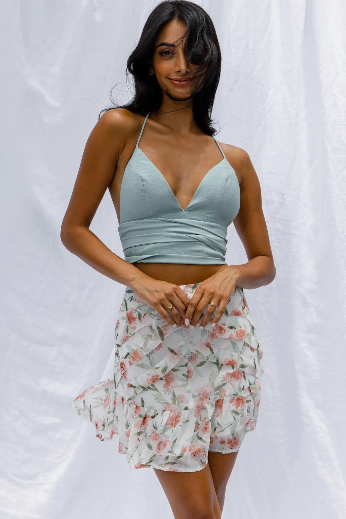 Versa Pintuck Pleat Ruffle Hem Skirt Floral Print White