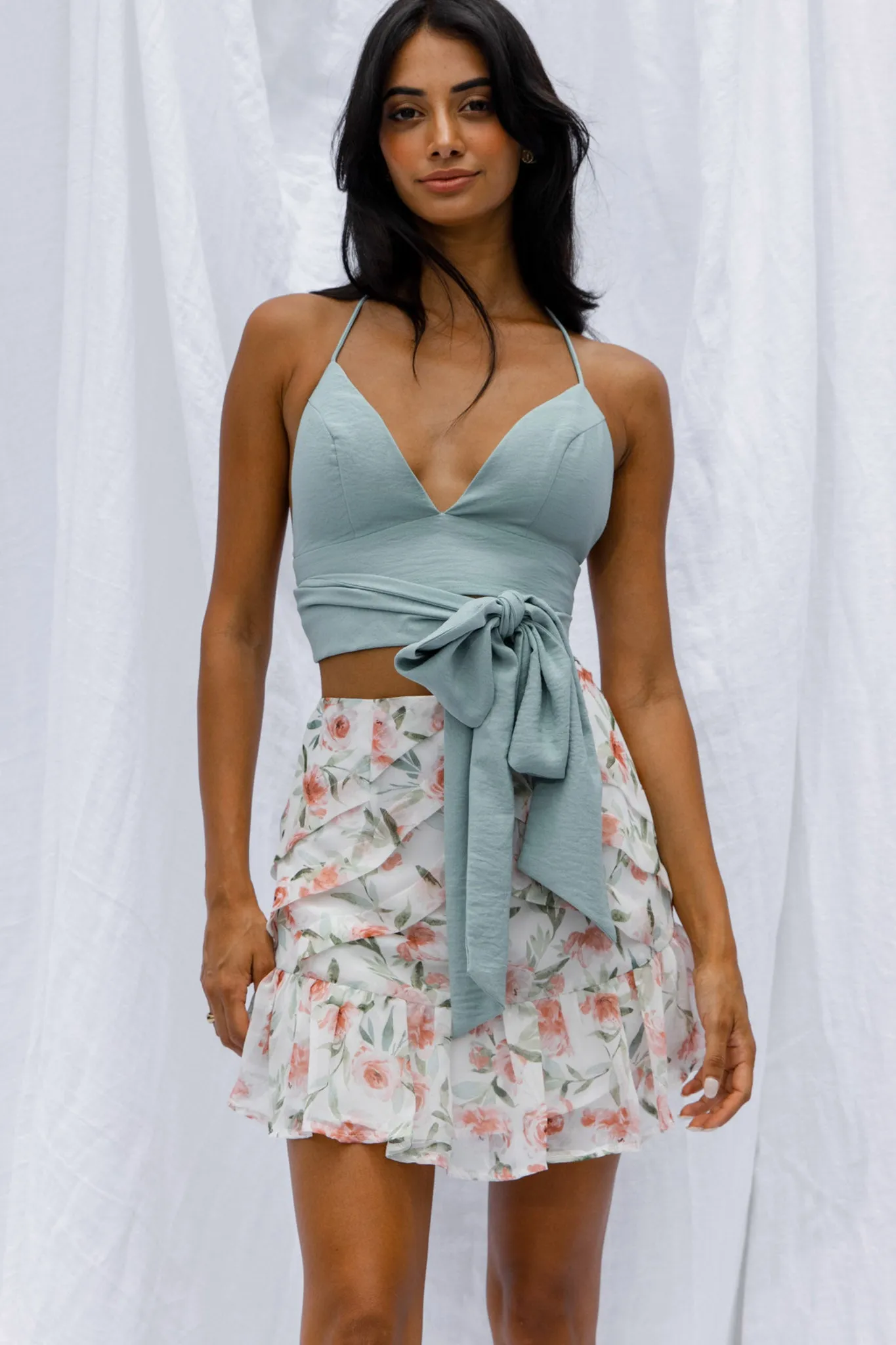 Versa Pintuck Pleat Ruffle Hem Skirt Floral Print White