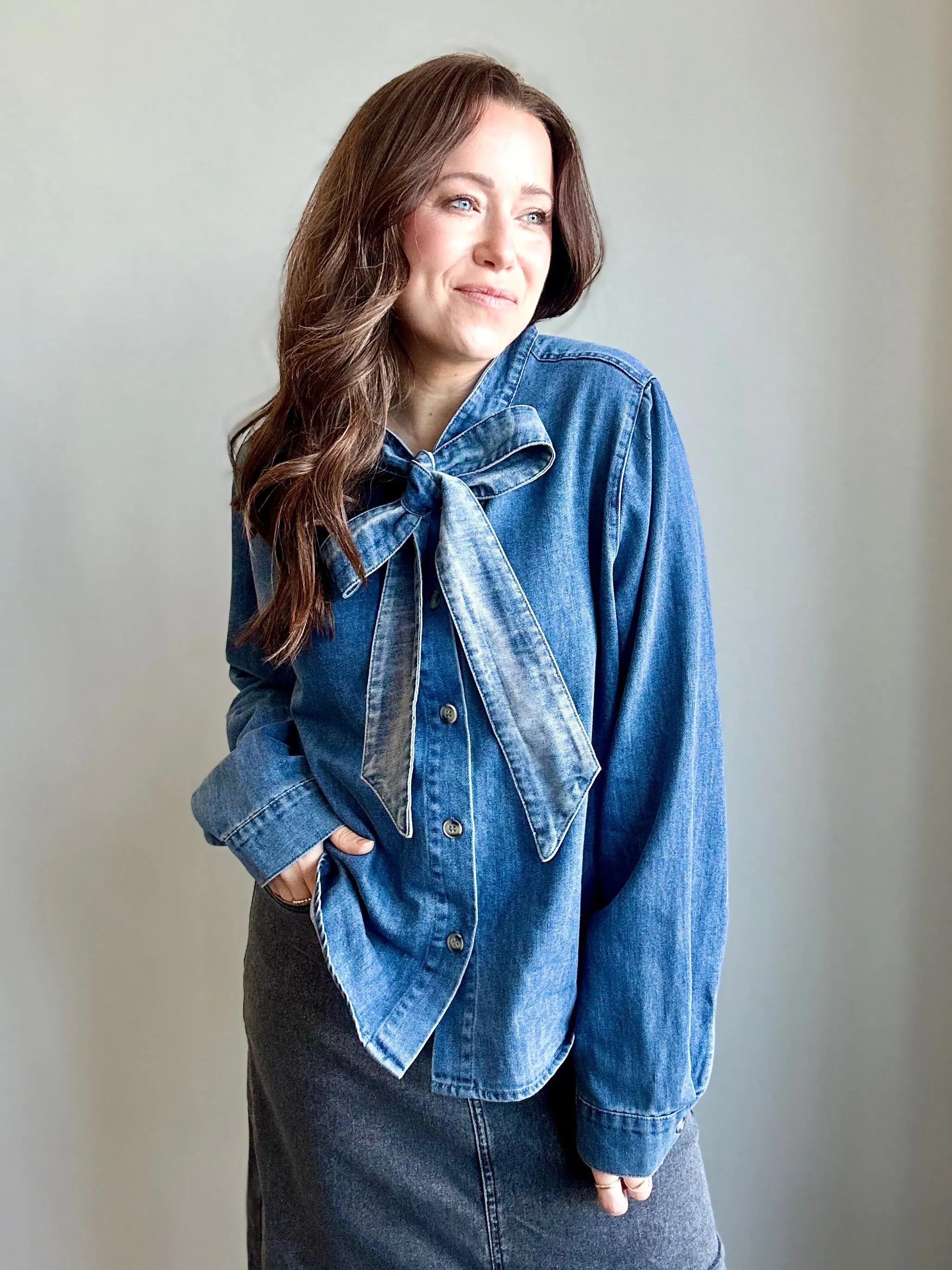 Vintage Denim Bow Blouse