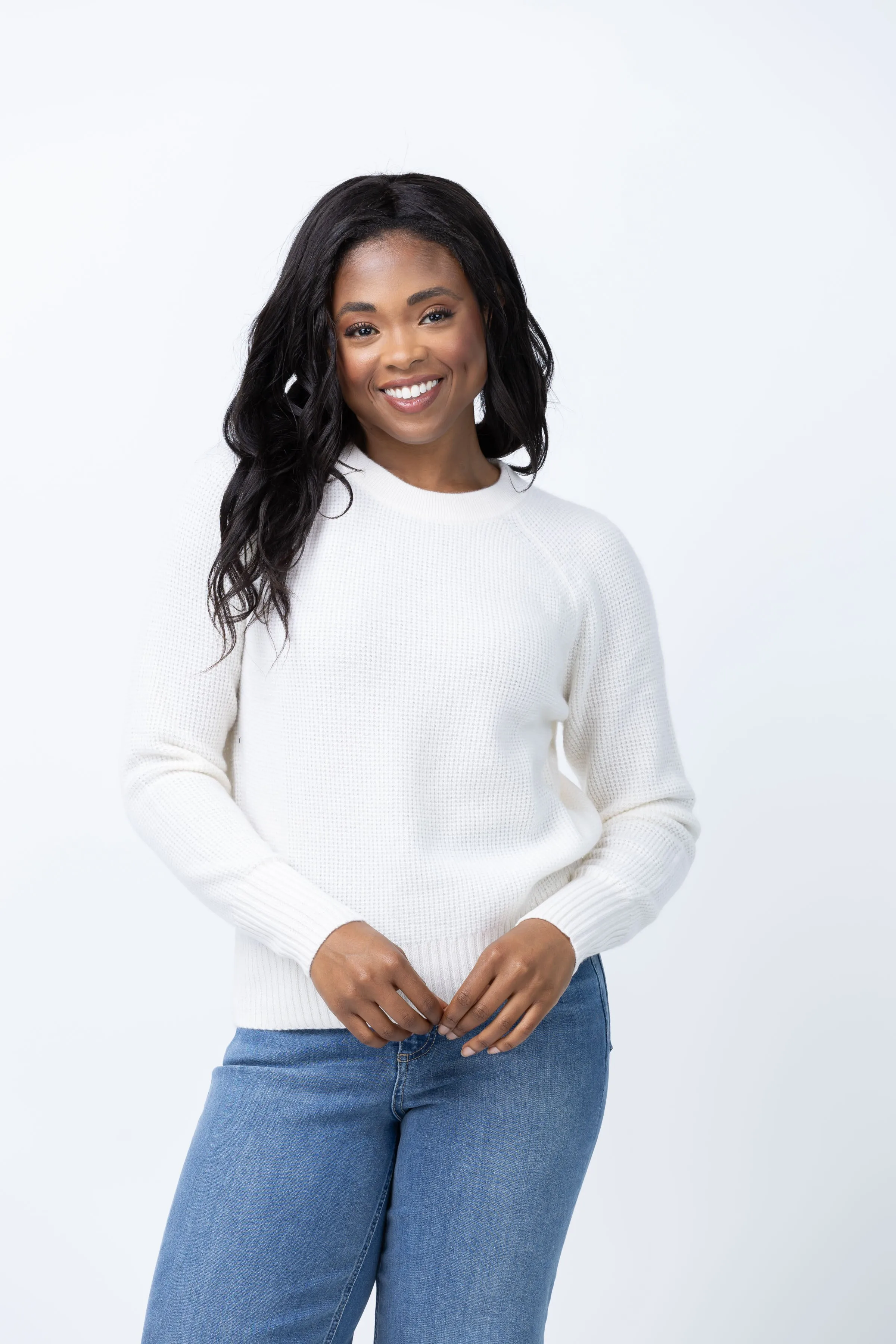 White   Warren Cashmere Waffle Sweatshirt in Soft White