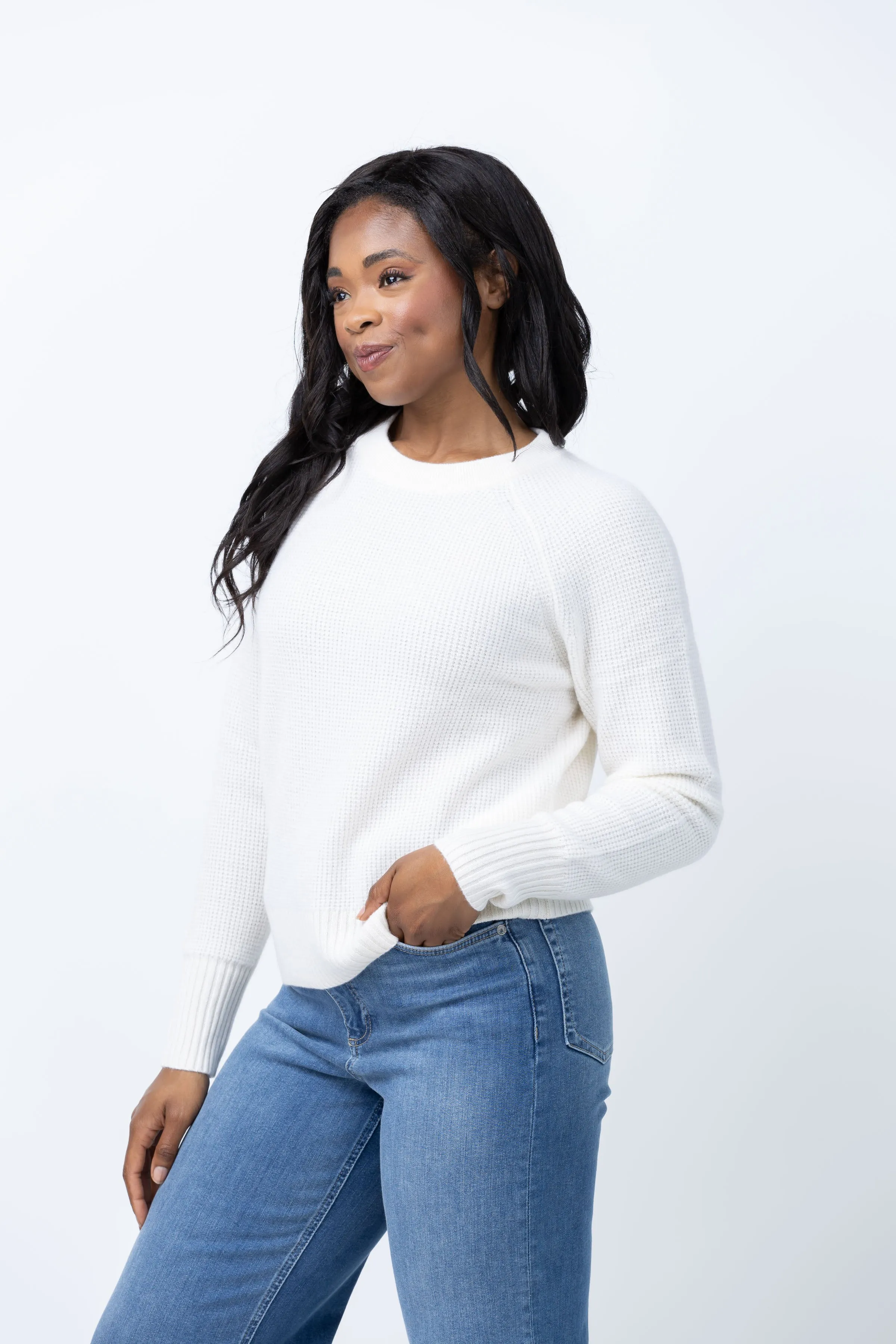 White   Warren Cashmere Waffle Sweatshirt in Soft White