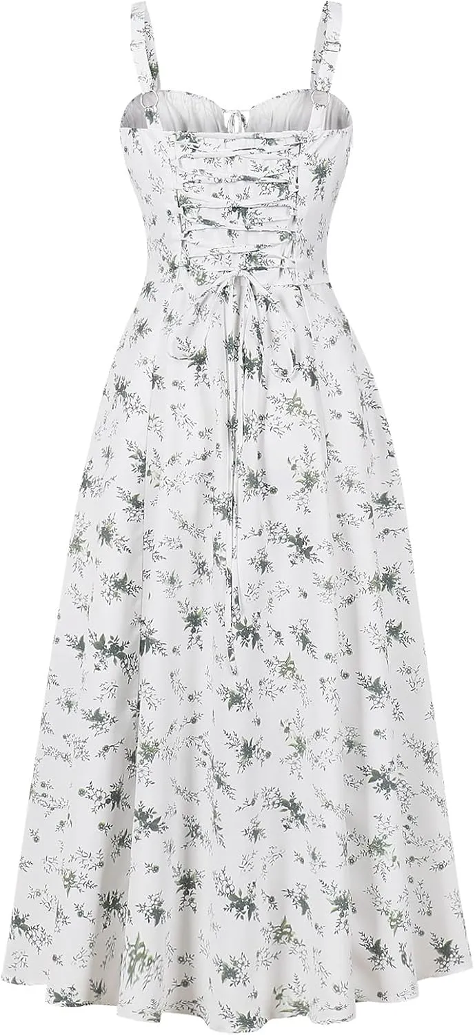 Women Floral Corset Dress Sleeveless Square Neck Spaghetti Straps Dress Boho Holiday Flowy Midi Bustier Sundress