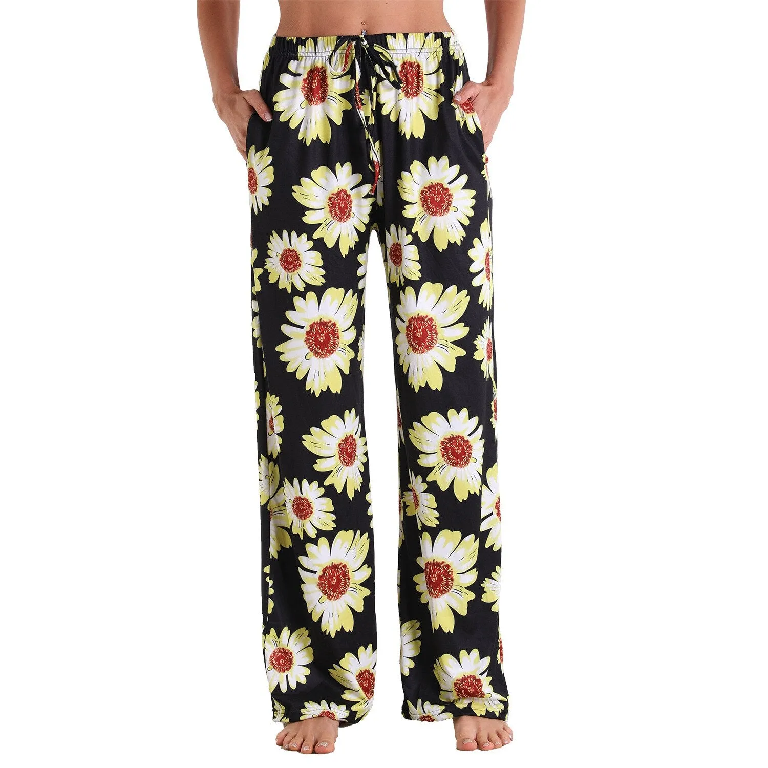 Women Print Home Leisure Sports Pocket Elastic Pants