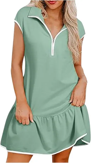 Women Trendy Half Zip Summer Dress V Neck Cap Sleeve Ruffle Swing Mini Dresses Casual Fitted Sundress Fashion Clothes