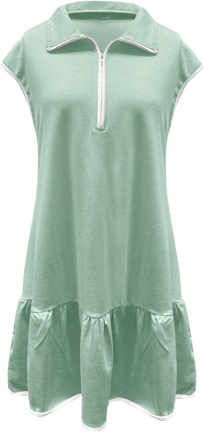 Women Trendy Half Zip Summer Dress V Neck Cap Sleeve Ruffle Swing Mini Dresses Casual Fitted Sundress Fashion Clothes