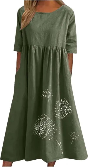 Women's Cotton Linen Dresses Plus Size Casual Midi Dresses 2025 Trendy Short Sleeve Summer Dress with Pockets