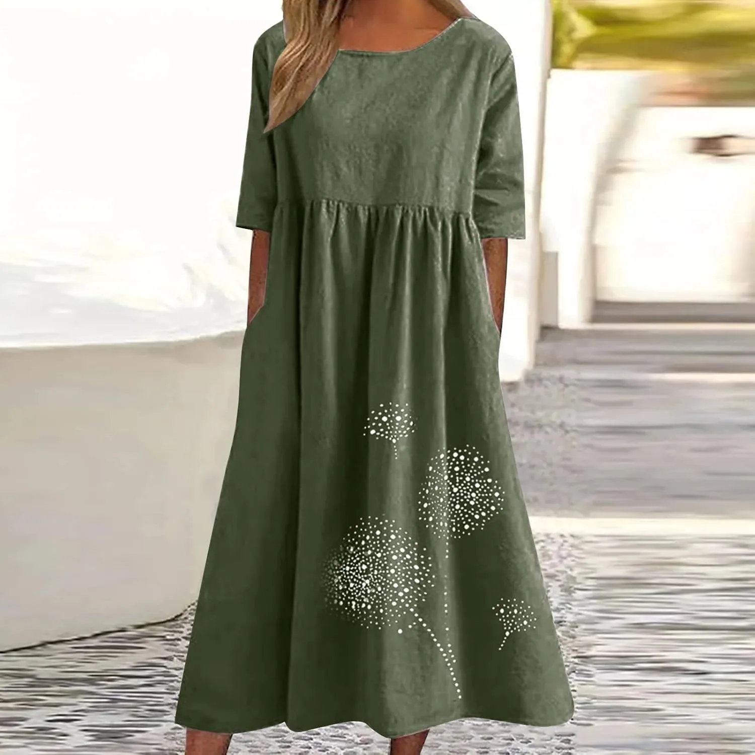 Women's Cotton Linen Dresses Plus Size Casual Midi Dresses 2025 Trendy Short Sleeve Summer Dress with Pockets