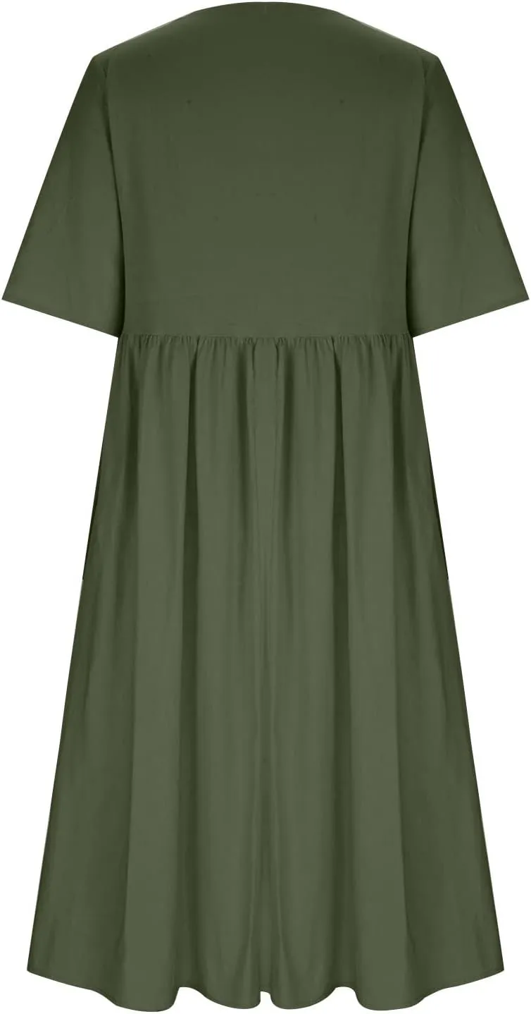 Women's Cotton Linen Dresses Plus Size Casual Midi Dresses 2025 Trendy Short Sleeve Summer Dress with Pockets