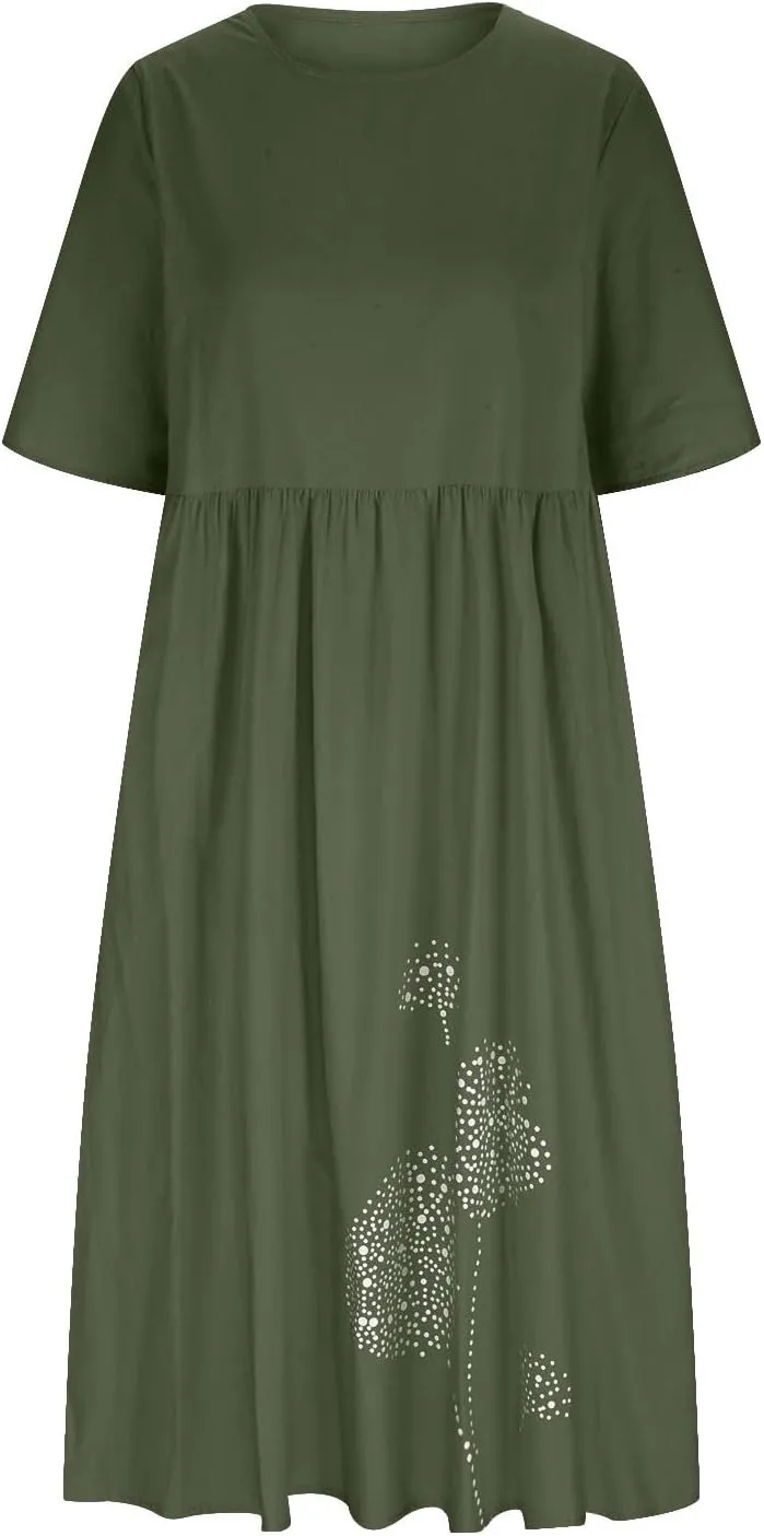 Women's Cotton Linen Dresses Plus Size Casual Midi Dresses 2025 Trendy Short Sleeve Summer Dress with Pockets
