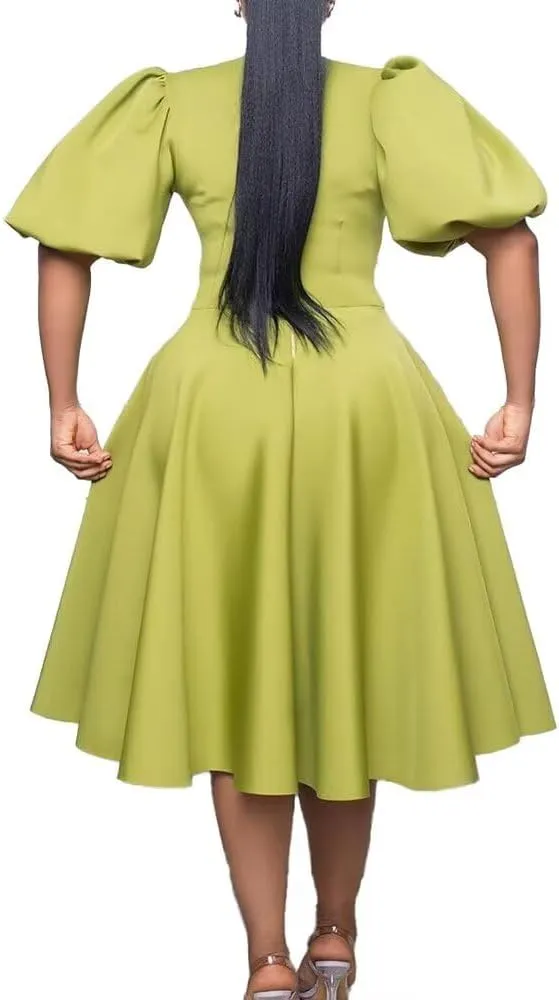 Women's Fuchsia V Neck Ruffles Short Sleeve Pleated A-Line Party Midi Dress