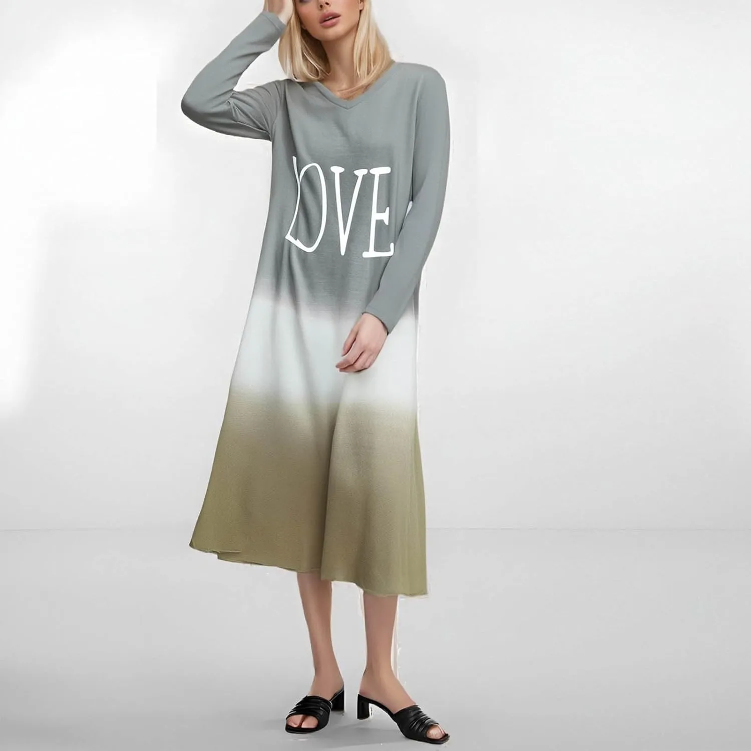 Womens Lounge Dresses 2025 Casual Loose Fit Long Sleeve Crew Neck Midi Dress Trendy Tie-Dye Print Plus Size Dress