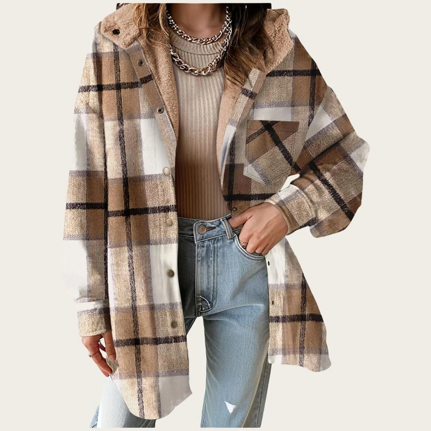 Womens Plaid Shacket Fleece Hoodie Oversized Long Sleeve Button Down Flannel Shirts Comfy Tops Coat Fall Clothes 2024