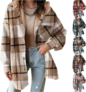 Womens Plaid Shacket Fleece Hoodie Oversized Long Sleeve Button Down Flannel Shirts Comfy Tops Coat Fall Clothes 2024
