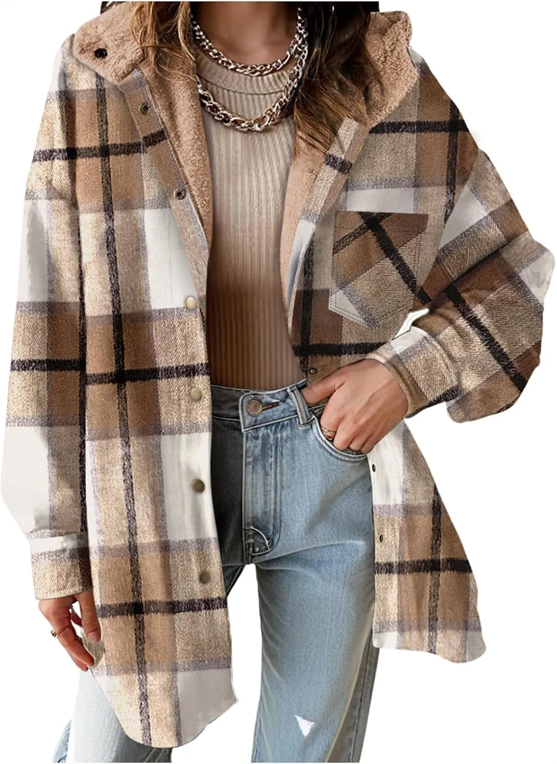 Womens Plaid Shacket Fleece Hoodie Oversized Long Sleeve Button Down Flannel Shirts Comfy Tops Coat Fall Clothes 2024