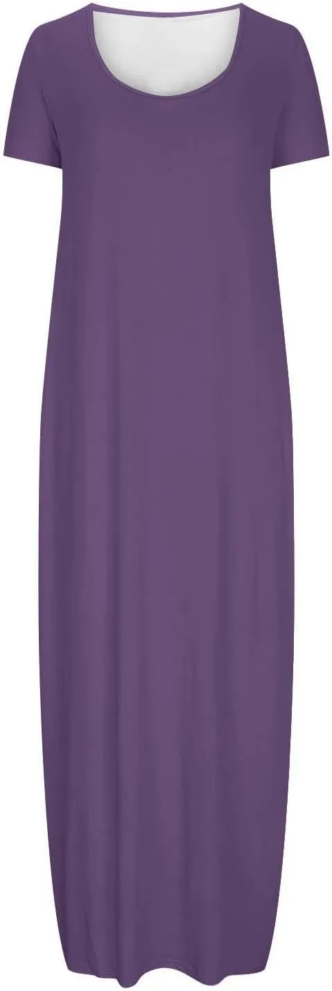 Womens Short Sleeve Scoop Neck Plus Size Maxi Midi Dress Solid Casual Tshirt Dress 2025 Trendy Summer Long Dresses