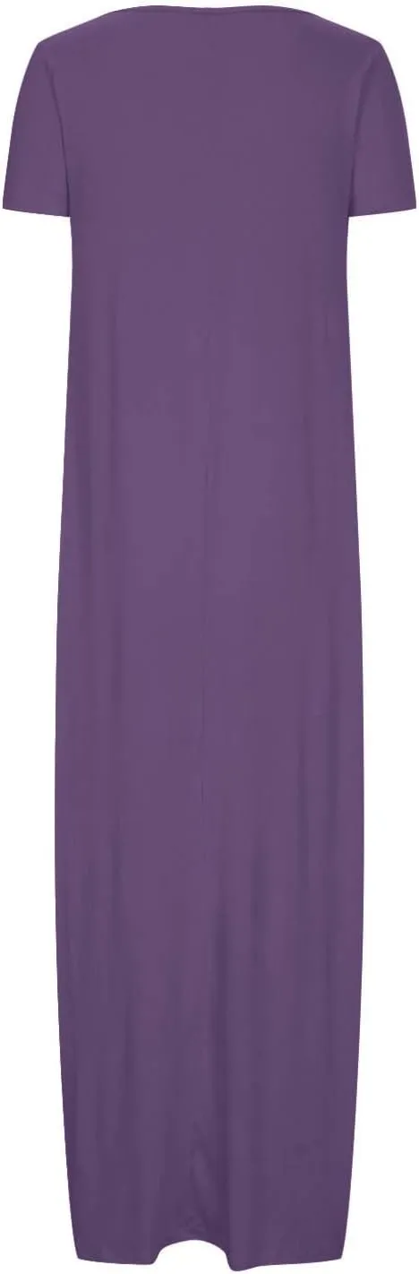 Womens Short Sleeve Scoop Neck Plus Size Maxi Midi Dress Solid Casual Tshirt Dress 2025 Trendy Summer Long Dresses