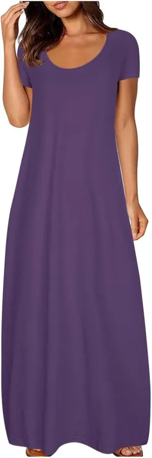 Womens Short Sleeve Scoop Neck Plus Size Maxi Midi Dress Solid Casual Tshirt Dress 2025 Trendy Summer Long Dresses