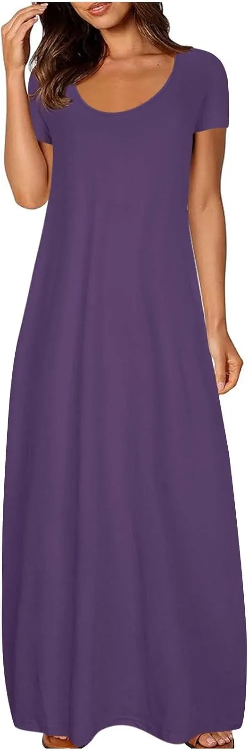 Womens Short Sleeve Scoop Neck Plus Size Maxi Midi Dress Solid Casual Tshirt Dress 2025 Trendy Summer Long Dresses