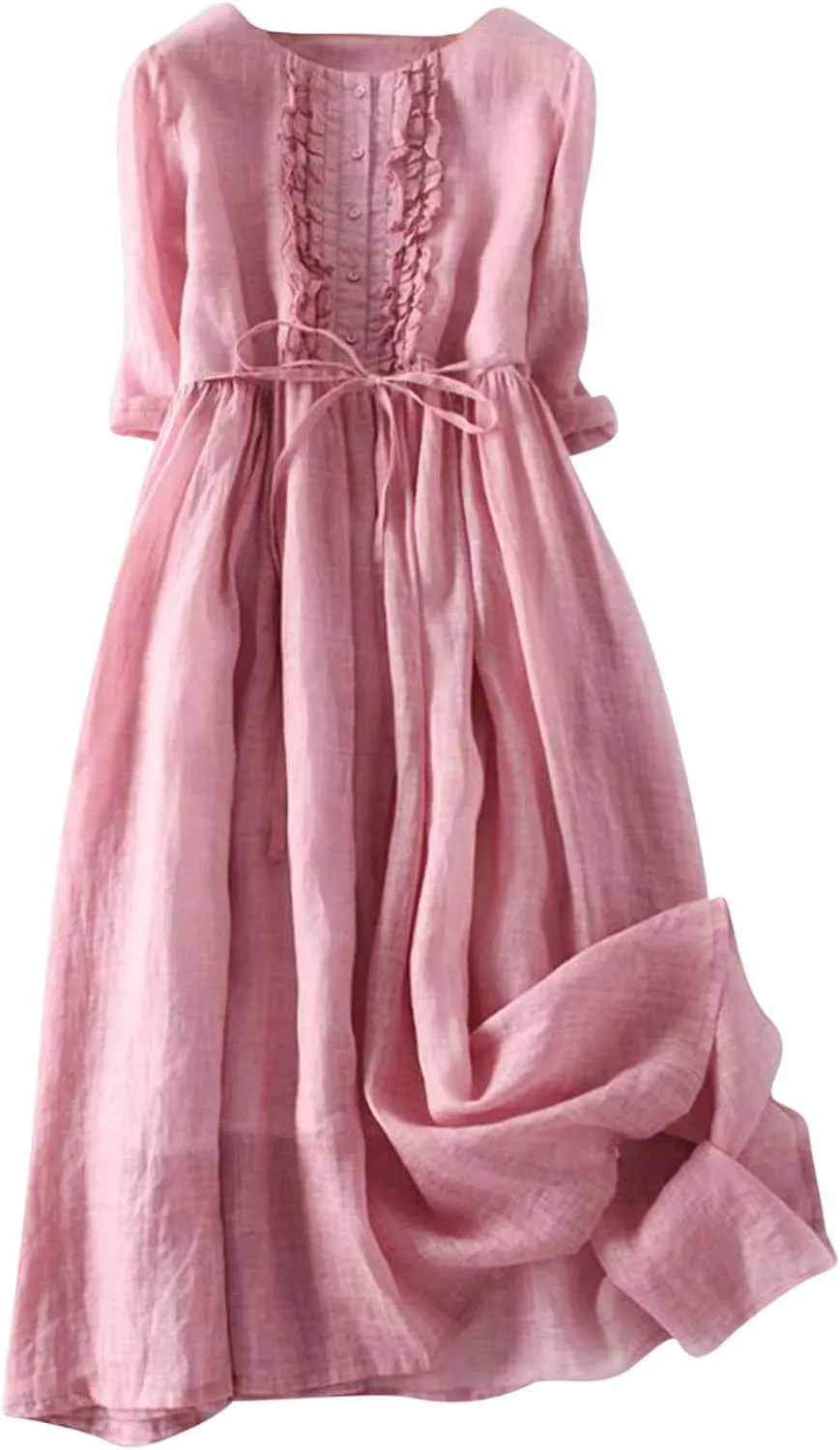 Womens Summer Dresses Casual Short Sleeve Cotton Linen Dress Loose Pleated Crewneck Boho Sundress