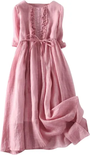 Womens Summer Dresses Casual Short Sleeve Cotton Linen Dress Loose Pleated Crewneck Boho Sundress